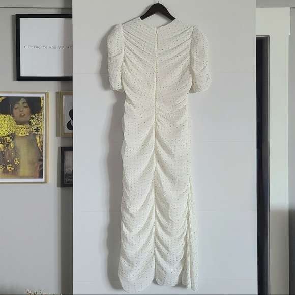 FRAME Ruched Tie-Neck Polka-Dot Midi Dress, White | Black, Medium, NWT - Picture 9 of 16